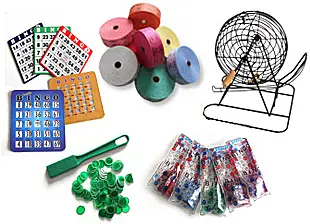 various bingo accessories, bingo chips, penny roll tickets and cards